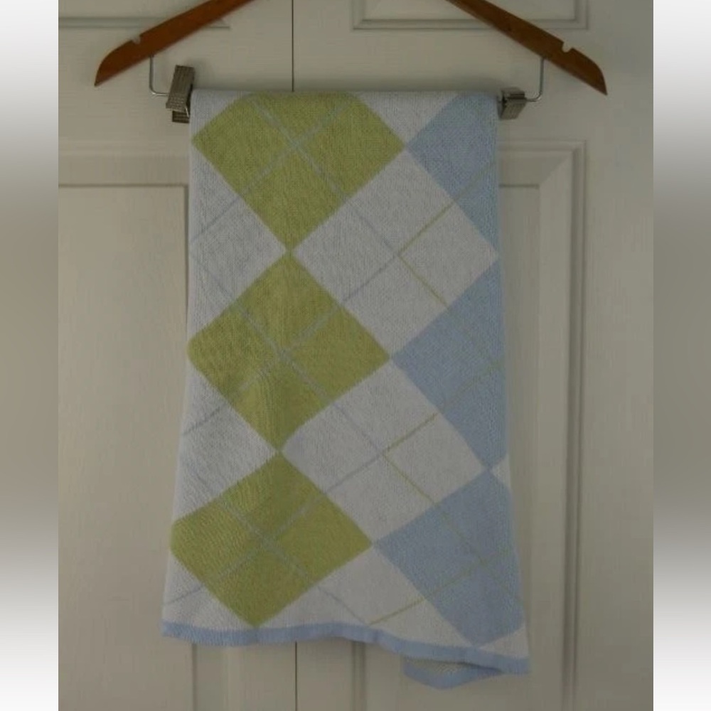 Izzy Argyle Baby Blanket Blue Green White 100% Cotton Knit Security Lovey